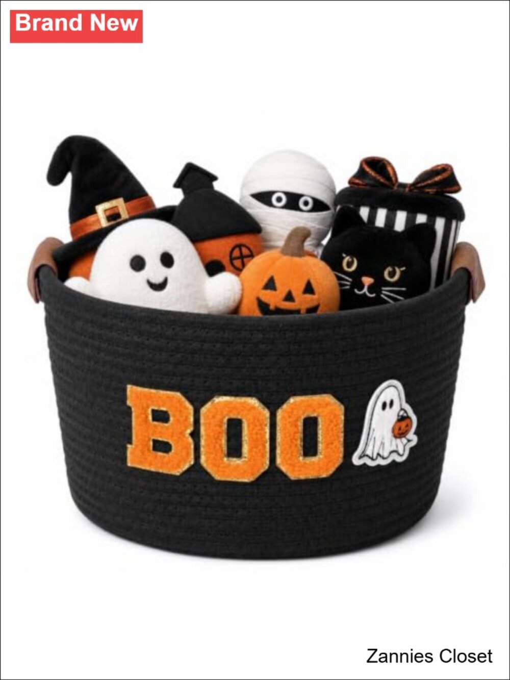 👻 Halloween Woven Rope Basket Boo Ghost Design Faux Leather Handles